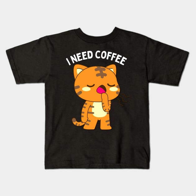 In need of coffee lover coffee addict Funny tired exhausted kitty Kids T-Shirt by BoogieCreates